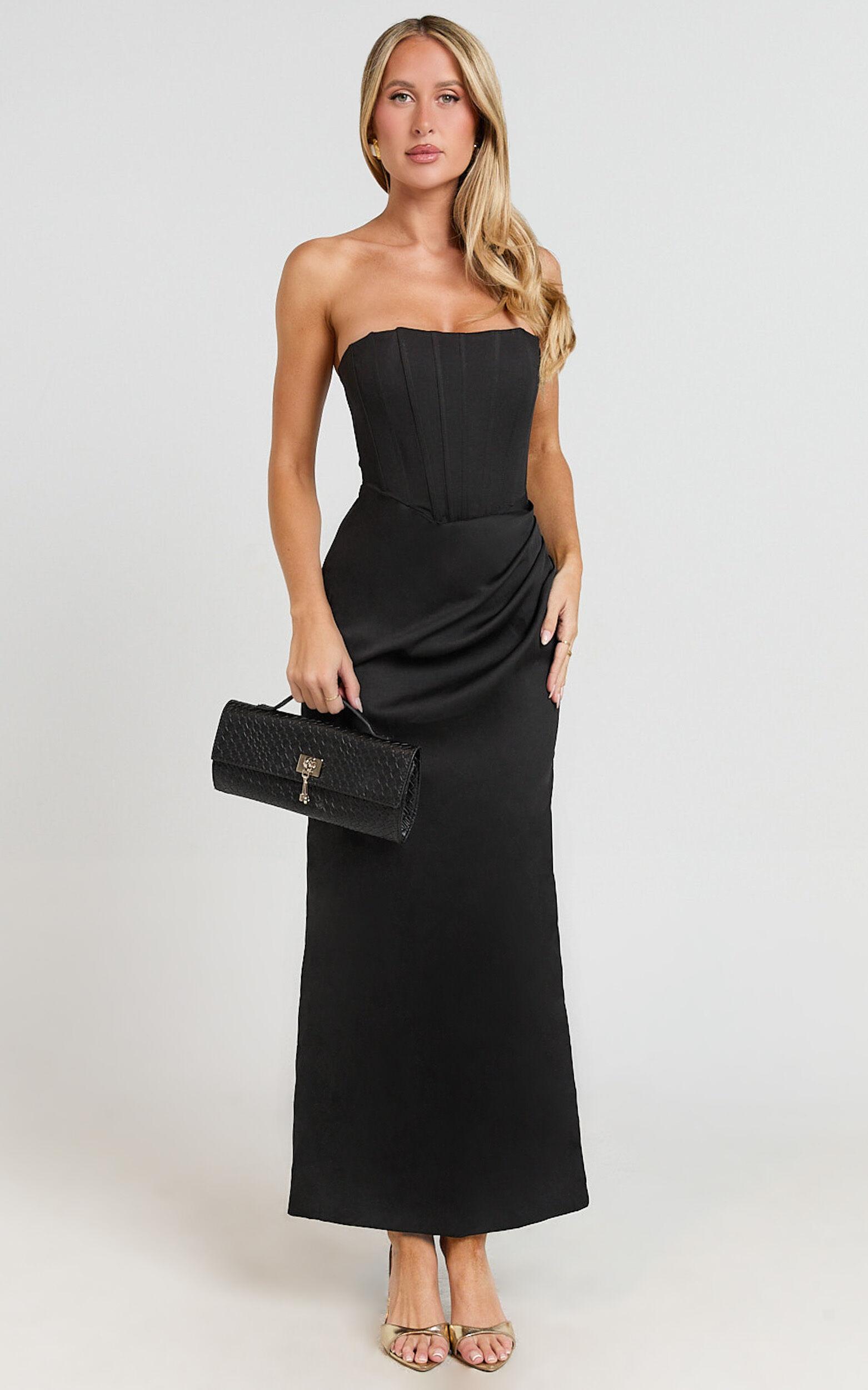Avery Midi Dress - Strapless Draped Side Split Dress in Black Product Image