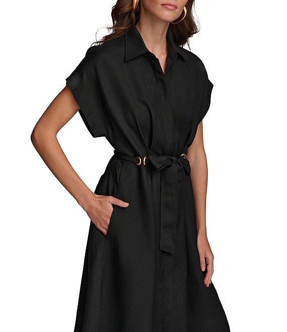 Donna Karan Short Sleeve Point Collar Tie Waist Linen Blend Midi A-Line Dress Product Image