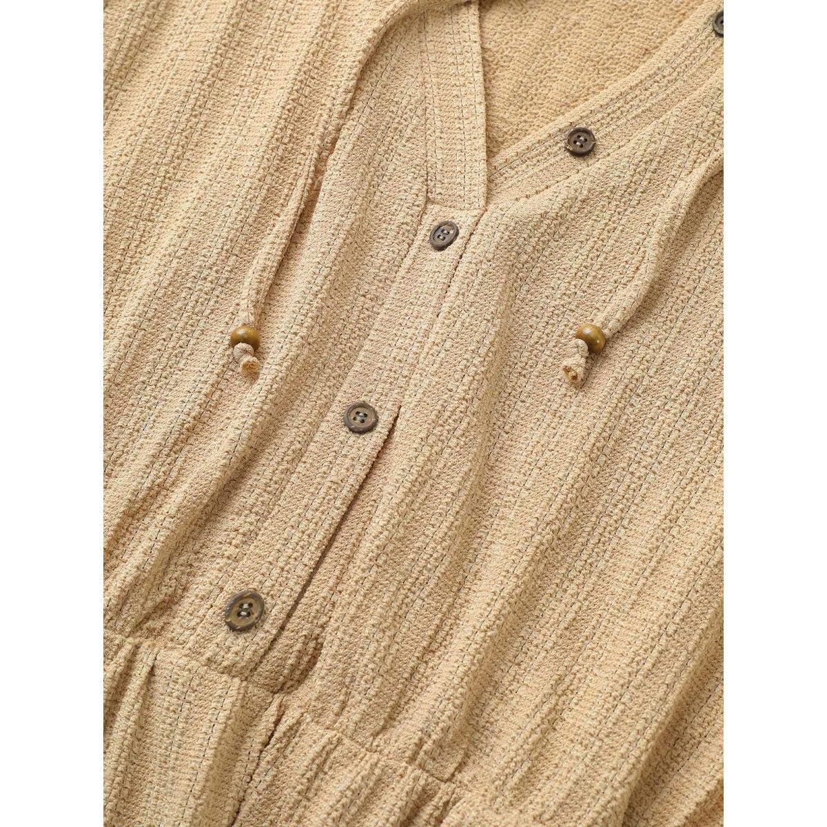 Plus Size Plisse Hooded Pocket Button Detail Ties Dress Tan Women Casual Non Hooded Elbow-length sleeve Curvy Midi Dress BloomChic 12/L Product Image