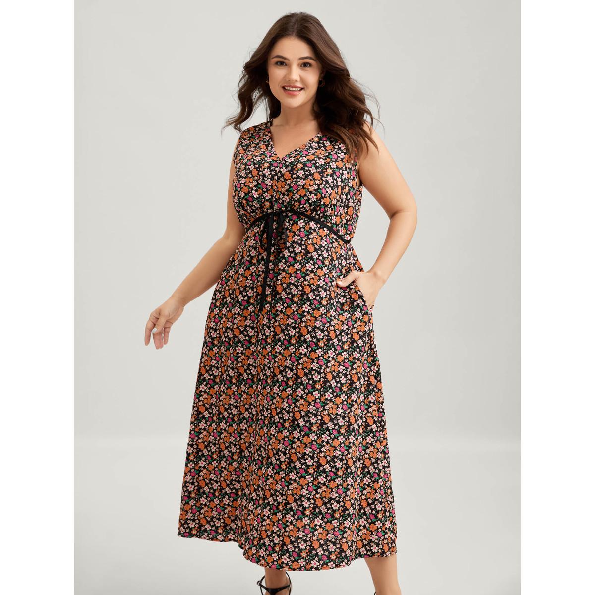 Plus Size Floral Waist Tie Side Pockets Midi Dress Black Women V-neck Sleeveless Curvy BloomChic 10/M Product Image