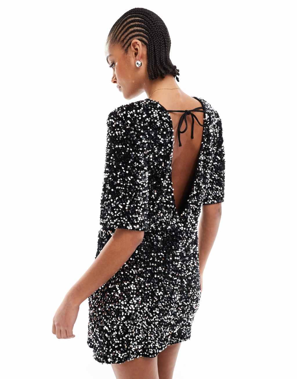 4th & Reckless Tall velvet sequin mini T-shirt dress with open back in black Product Image