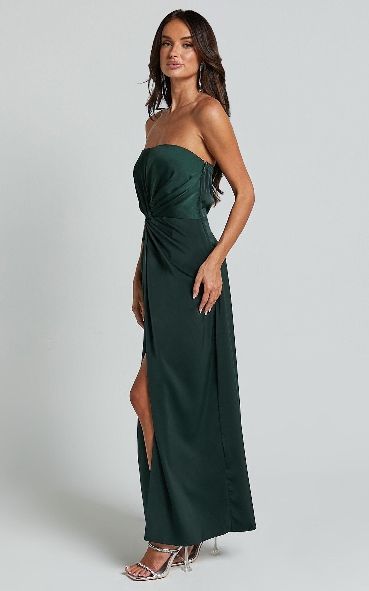 Hathaway Maxi Dress - Strapless Straight Neck Twist Front Split in Emerald Product Image