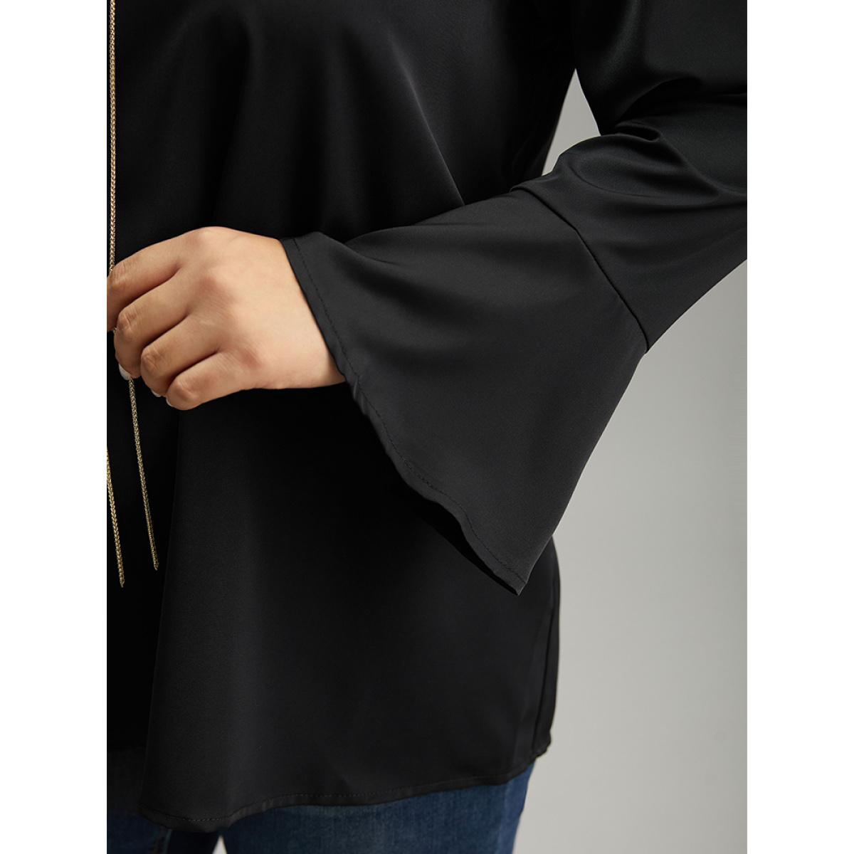 Plus Size Black Contrast Chain Bell Sleeve Eyelet Blouse Women Office Long Sleeve V-neck Office Blouses BloomChic 28/5X Product Image