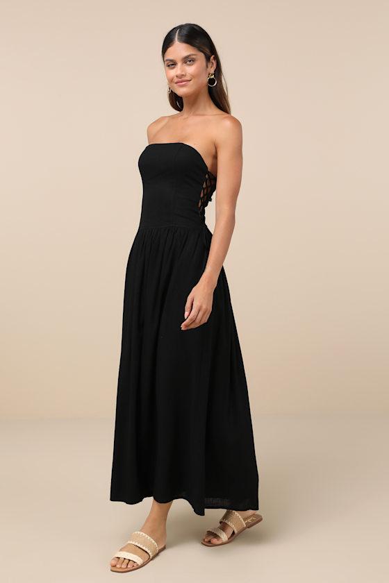 Undeniable Affection Black Strapless Maxi Dress With Pockets Product Image