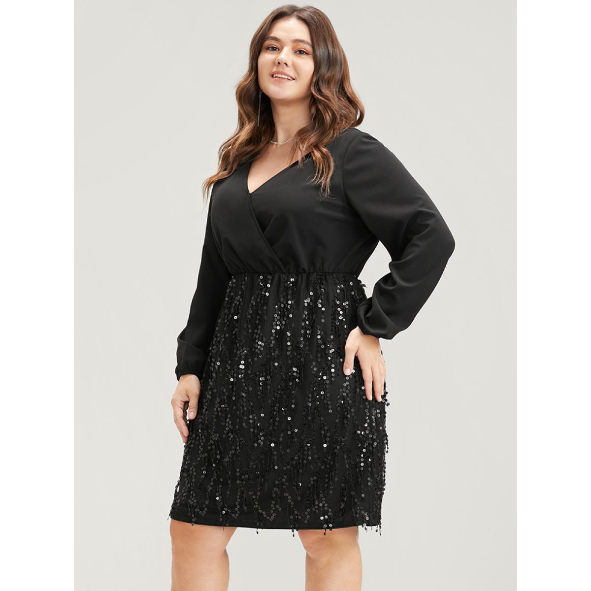 Plus Size Solid Patchwork Wrap Sequin Tassel Detail Dress Black Women Party Patchwork V-neck Long Sleeve Curvy Knee Dress BloomChic 28/5X Product Image
