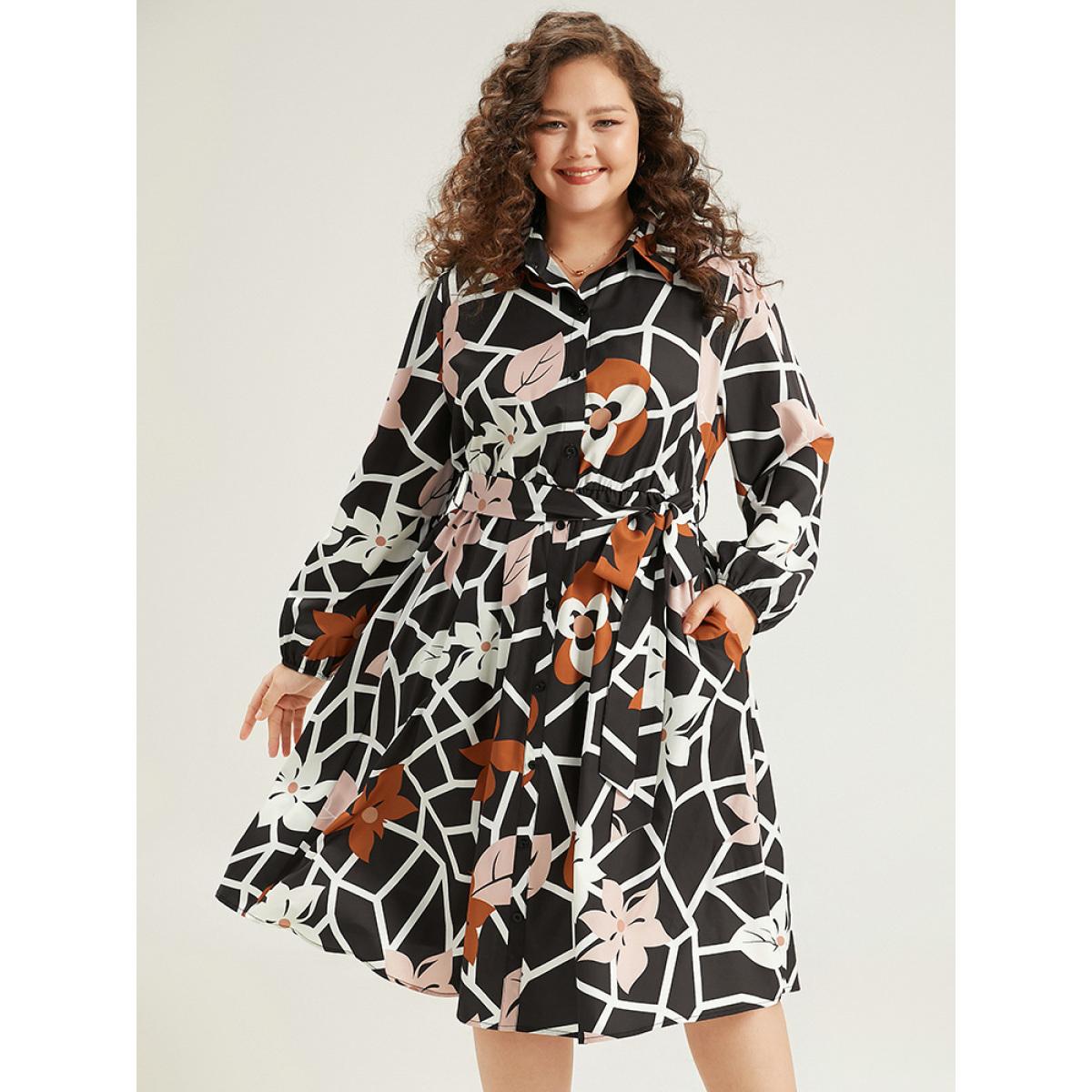 Plus Size Geometric & Plants Button Through Pocket Dress Multicolor Women Office Elastic cuffs Shirt collar Long Sleeve Curvy Midi Dress BloomChic 12/L Product Image