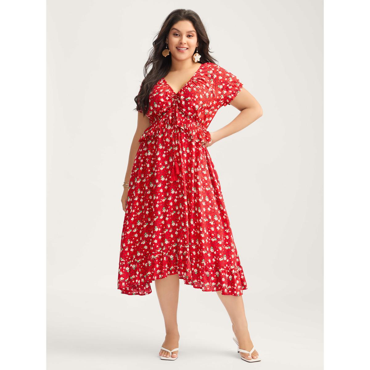 Plus Size Romantic Floral Cinched-Waist Midi Dress Raspberry Women V-neck Short sleeve Curvy BloomChic 12/L Product Image