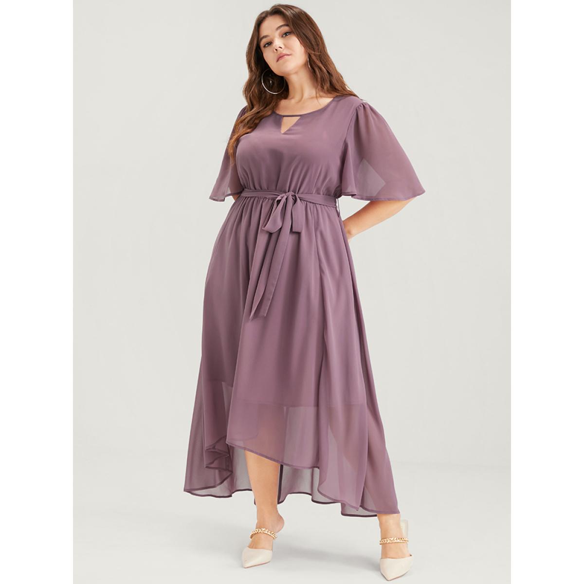 Plus Size Solid Keyhole Neck Ruffle Asymmetrical Hem Belted Maxi Dress Rouge Women Casual Elastic Waist Round Neck Half Sleeve Curvy Long Dress BloomChic 22-24/3X Product Image