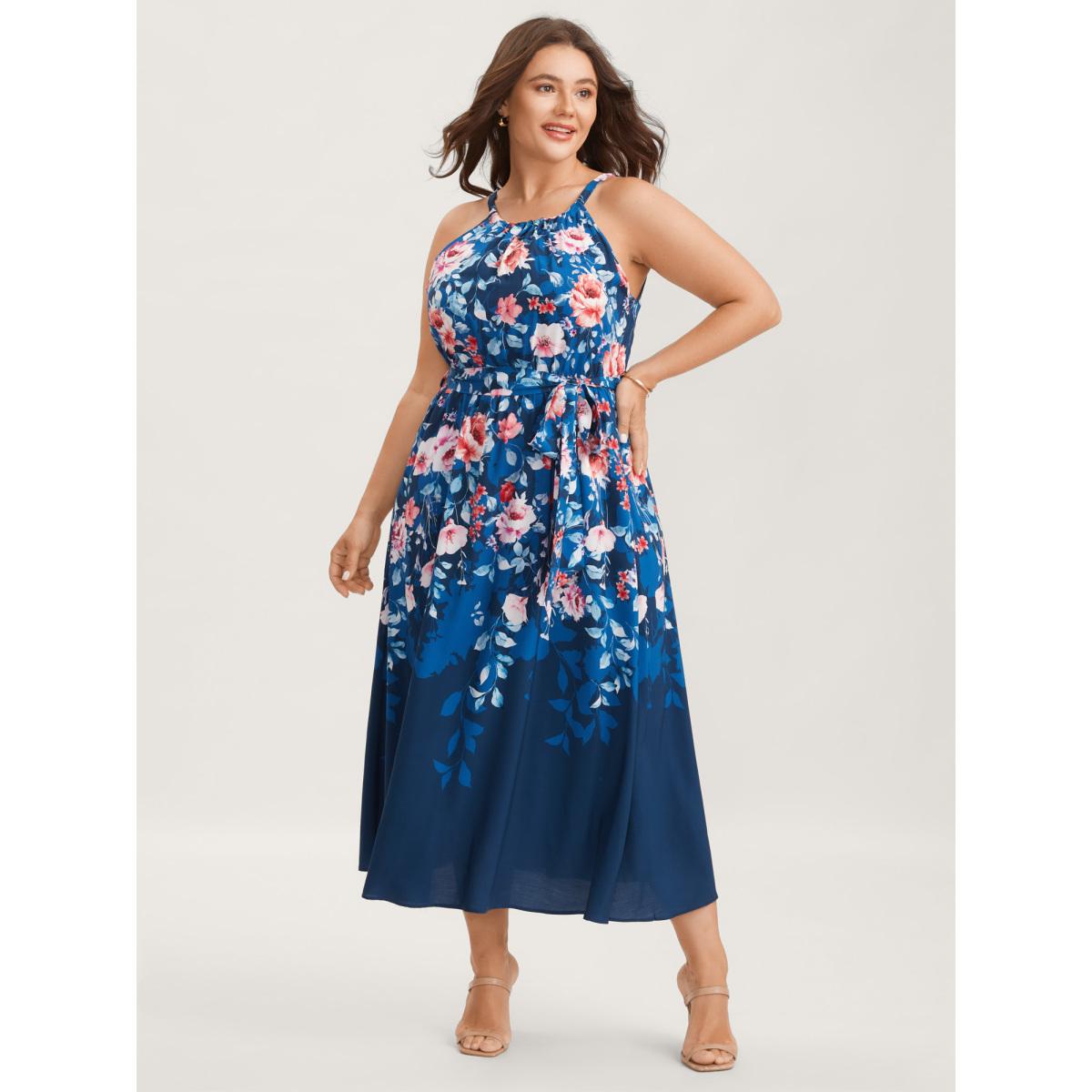 Plus Size Floral Stretchy-Waist Belted Midi Dress Indigo Women Round Neck Sleeveless Curvy BloomChic 28/5X Product Image
