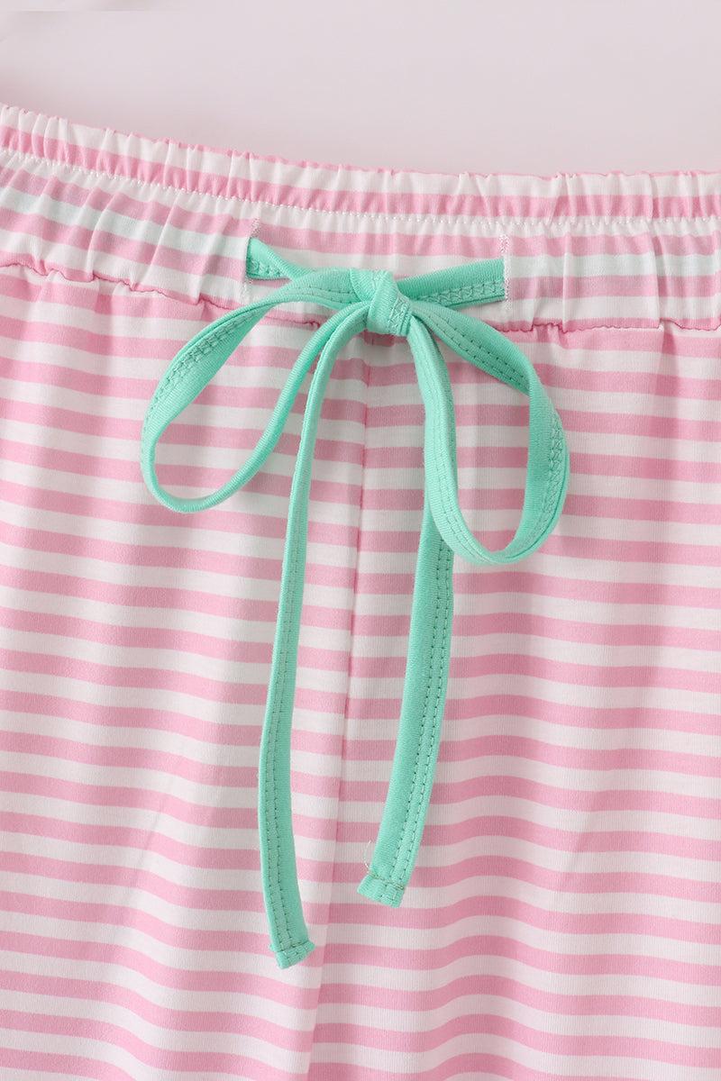 Pink stripe christmas santa claus embroidery women pajamas pants Product Image