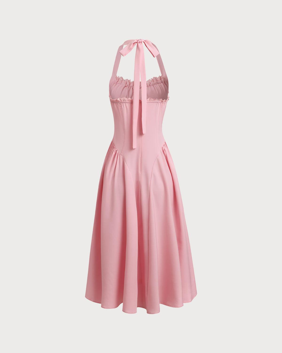 Pink Ruched Halter Midi Dress Product Image
