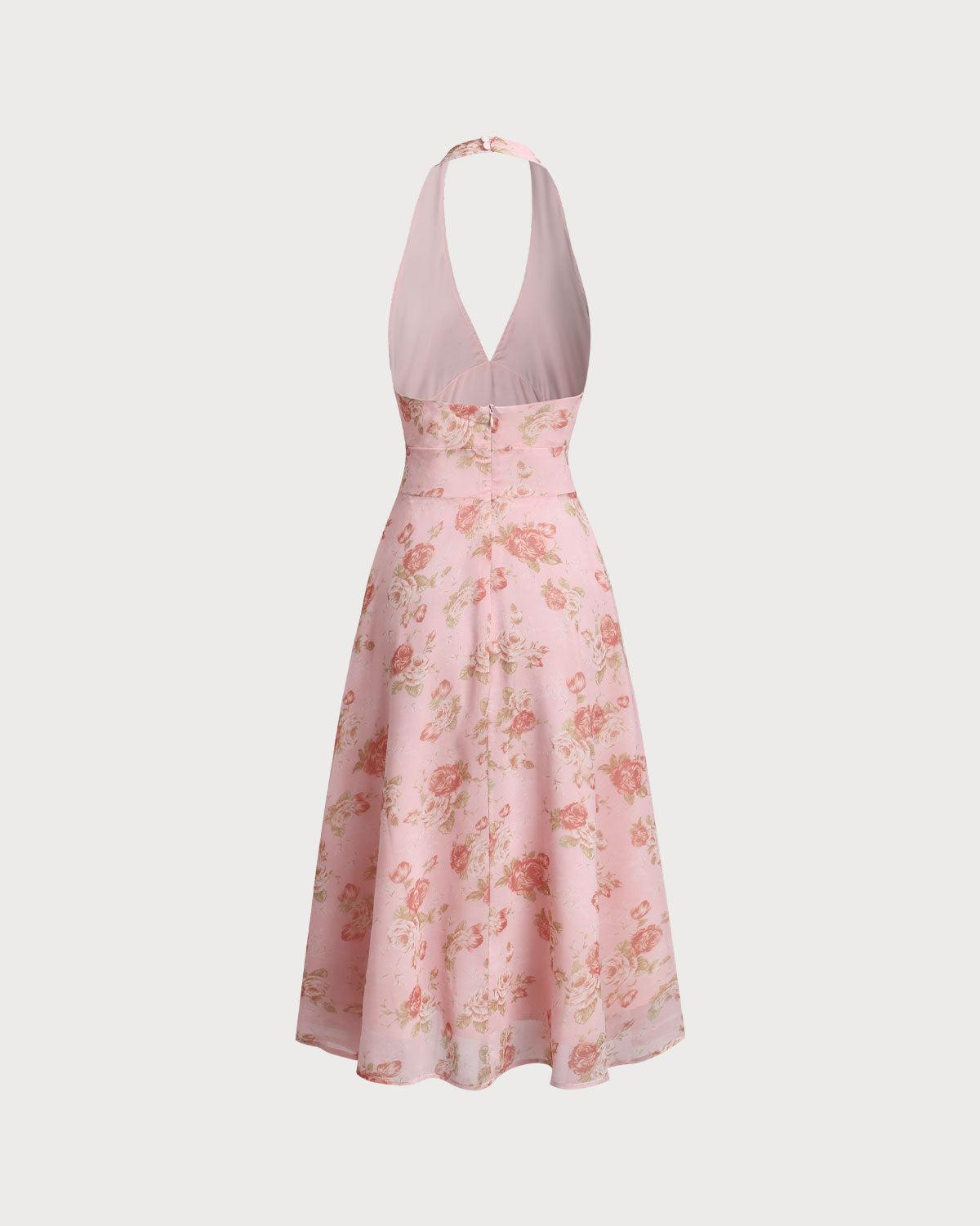 Pink Floral Halter Backless Midi Dress Product Image