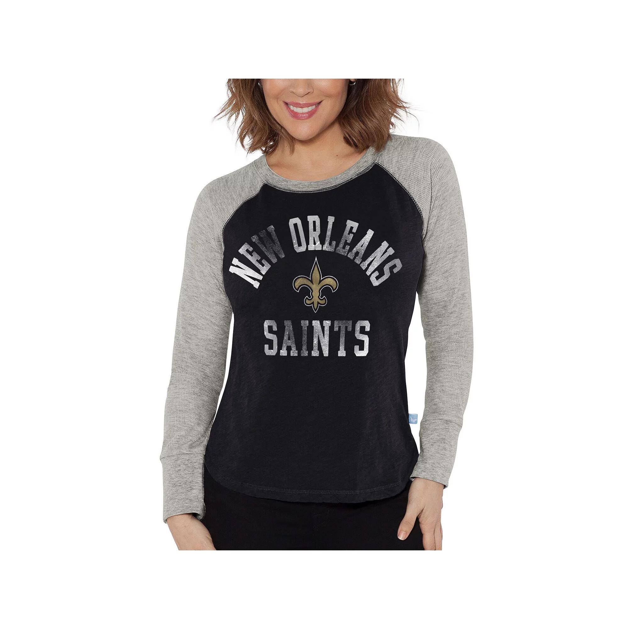 Women's G-III 4Her by Carl Banks Black/Heather Gray New Orleans Saints Waffle Knit Raglan Long Sleeve T-Shirt,  Product Image