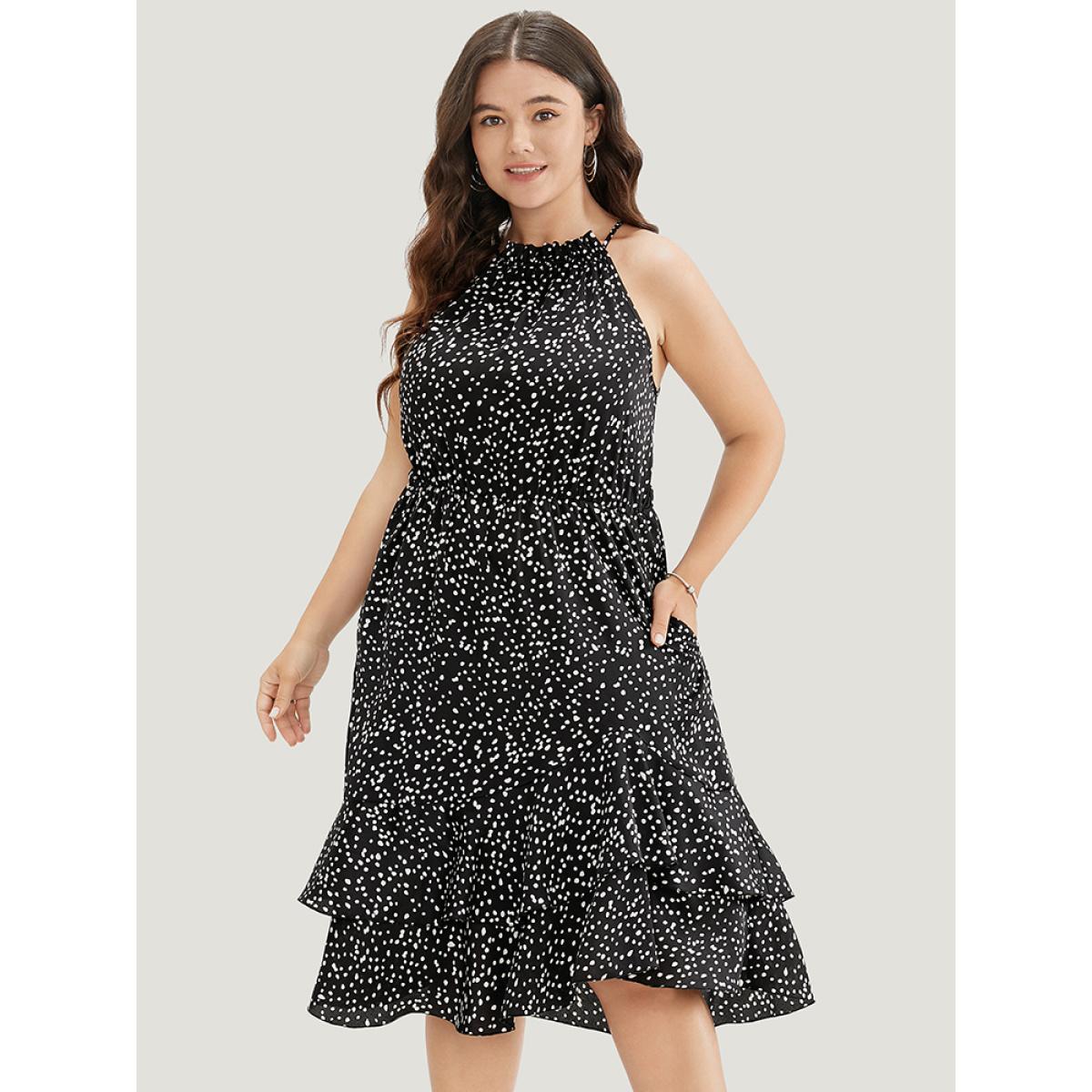 Plus Size Polka Dot Halter Neck Pocket Ruffle Tiered Dress Black Women Elegant Elastic Waist Halter neck Sleeveless Curvy Midi Dress BloomChic 26/4X Product Image