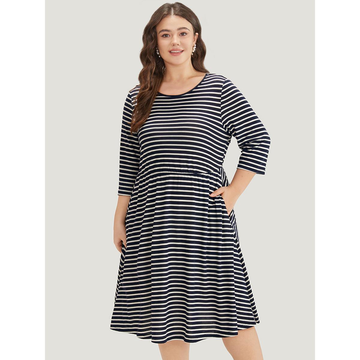 Plus Size Striped Crew Neck Pocket Twist Back Dress Indigo Women Casual Elastic Waist Round Neck Elbow-length sleeve Curvy Midi Dress BloomChic 12/L Product Image