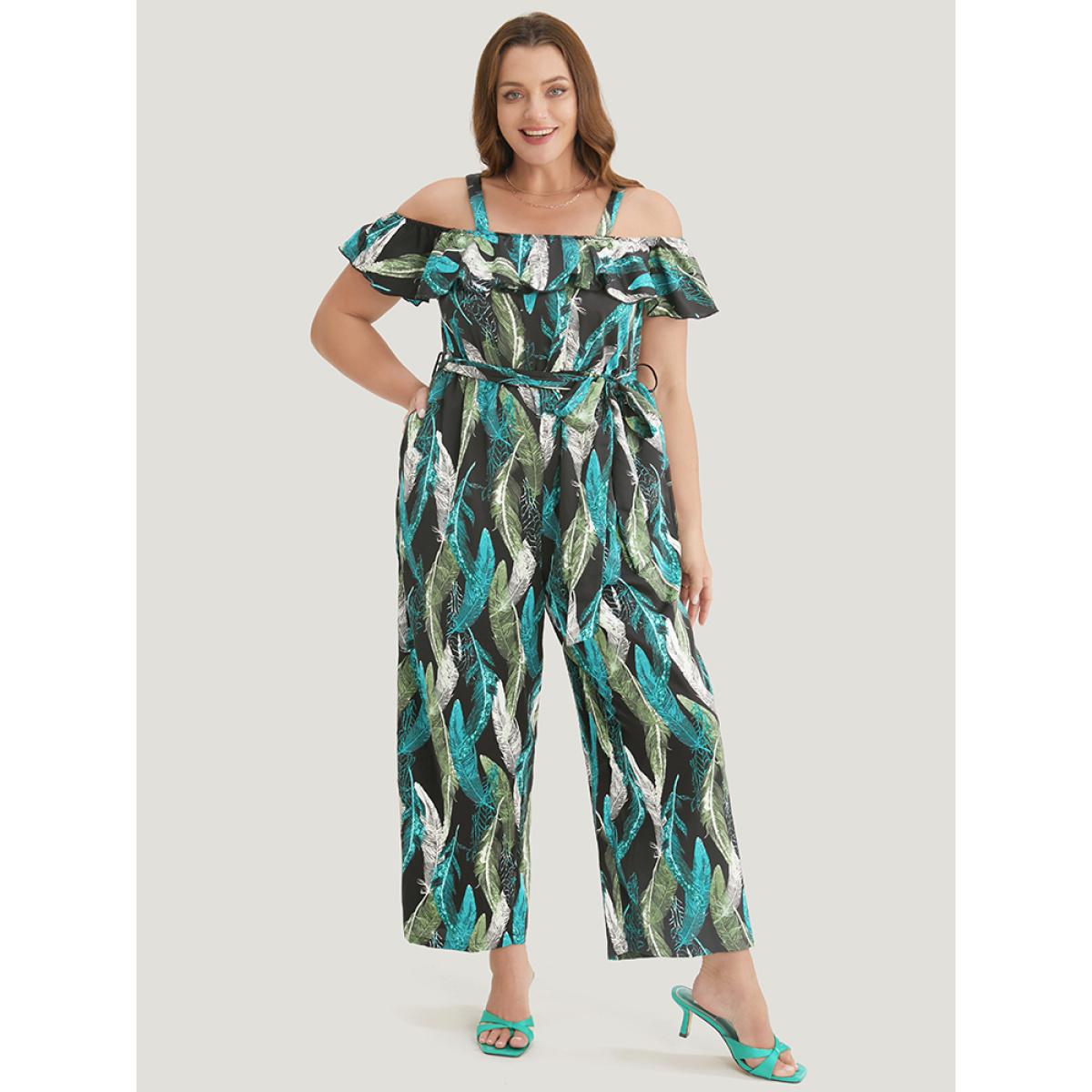 Plus Size Black Tropical Cold Shoulder Pocket Belted Ruffle Trim Jumpsuit Women Vacation Short sleeve Cold Shoulder Dailywear Loose Jumpsuits BloomChic 28/5X Product Image