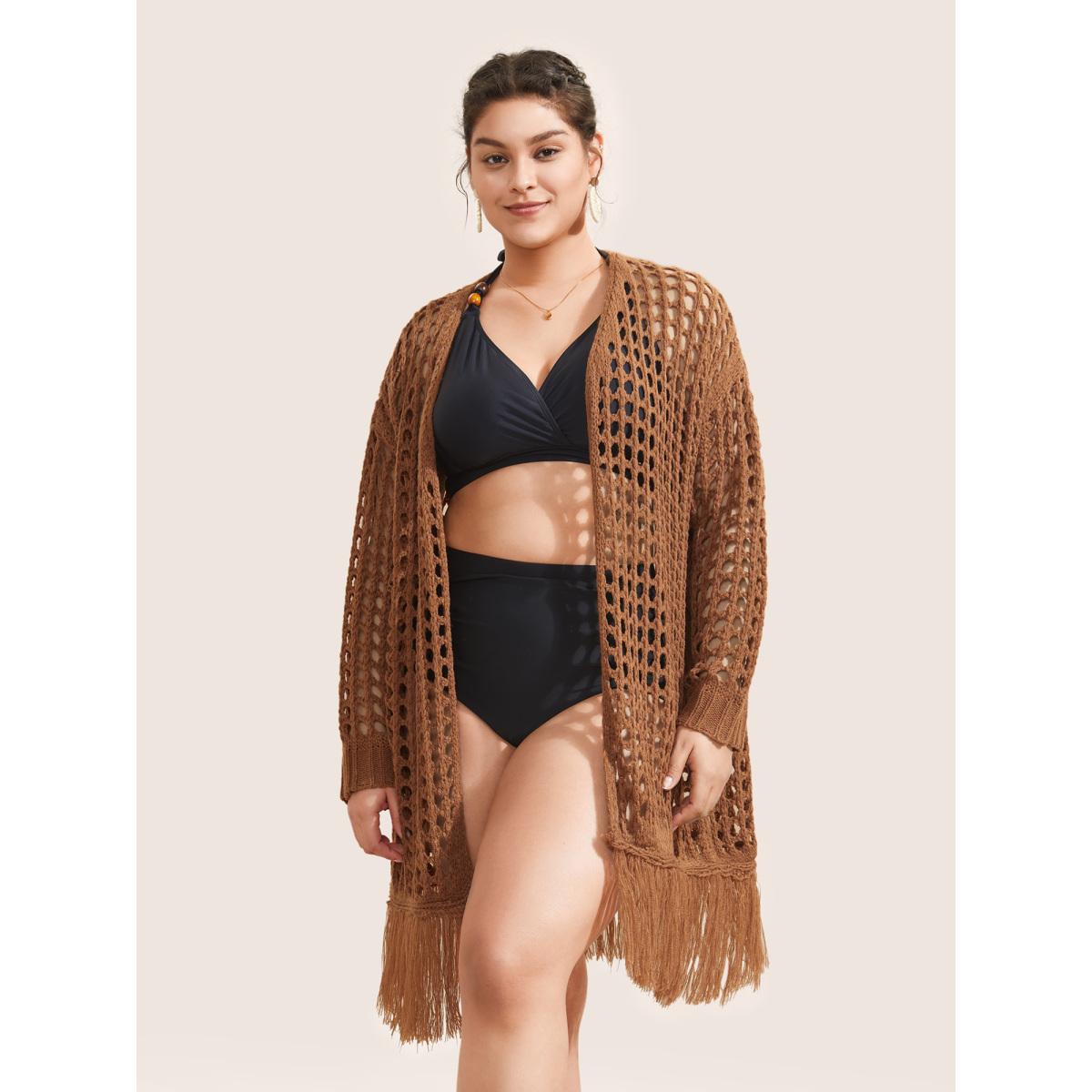 Plus Size Solid Cut Out Fringe Hem Swim Cover Up Women's Swimwear Chocolate Beach Tassels Curve Swim Cover Ups BloomChic 18-20/2X Product Image