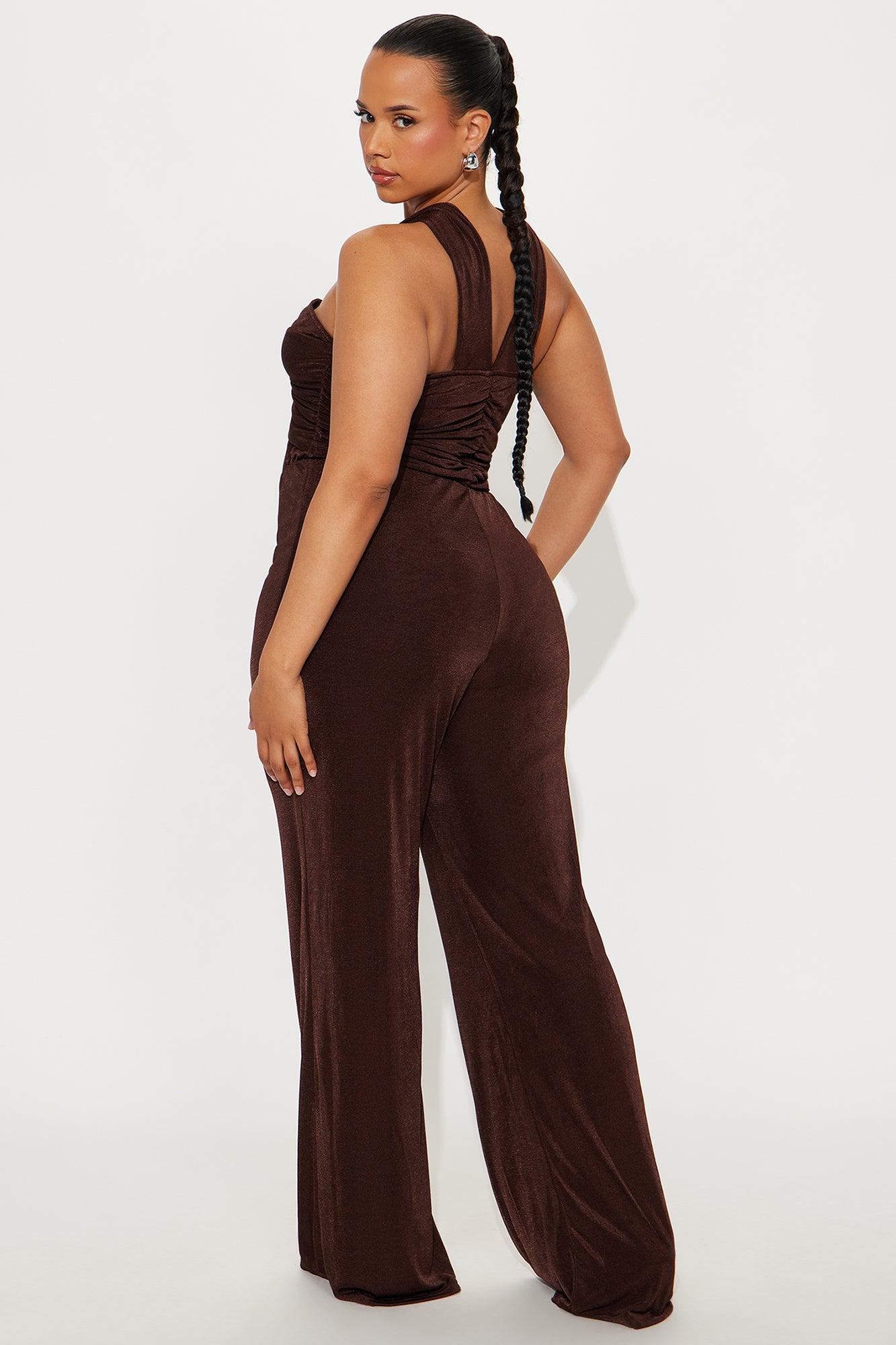 On Your Mind Slinky Wide Leg Jumpsuit - Chocolate Female Product Image