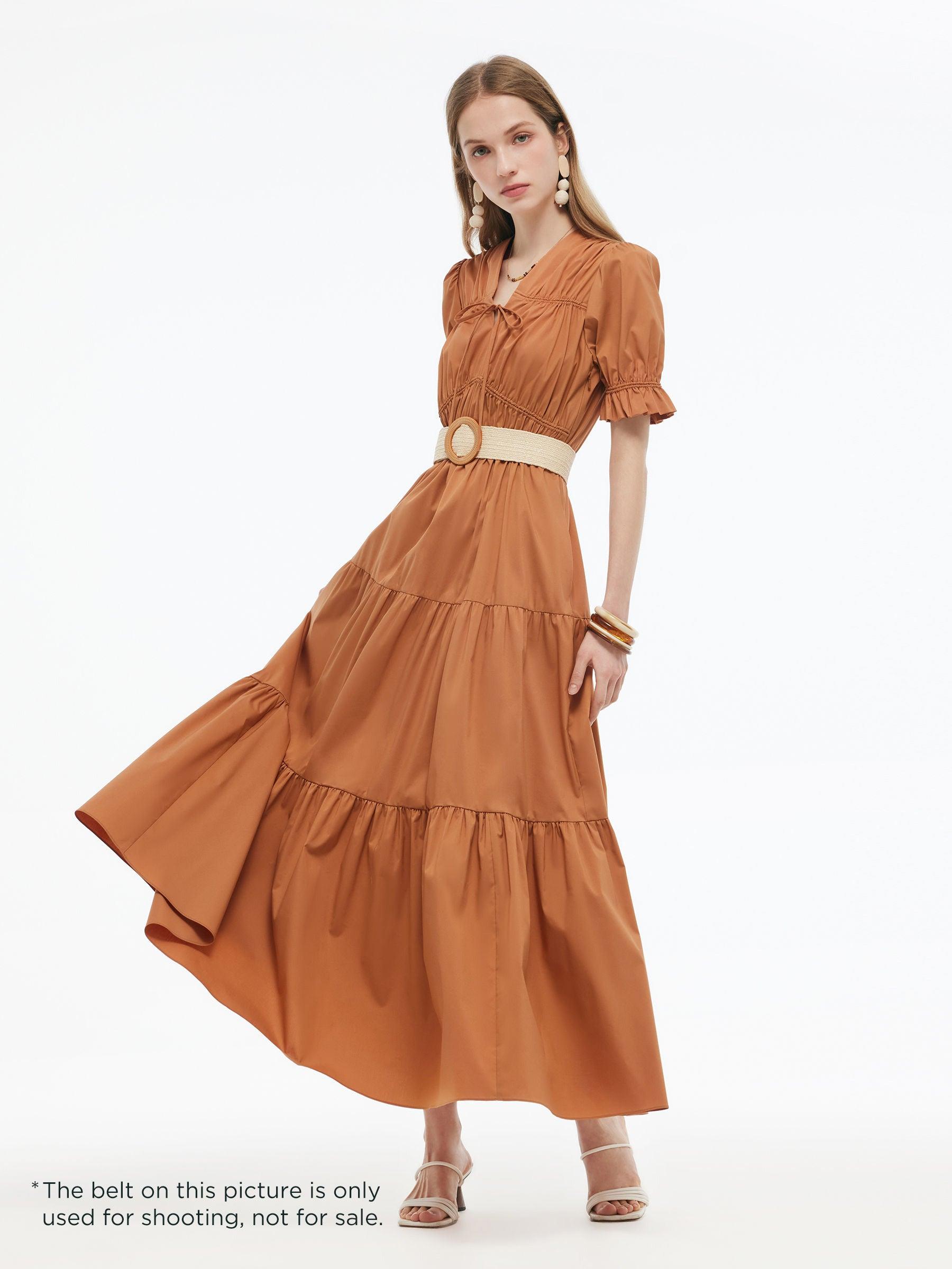 Drawstring Tie Front Women Tiered Maxi Dress Product Image