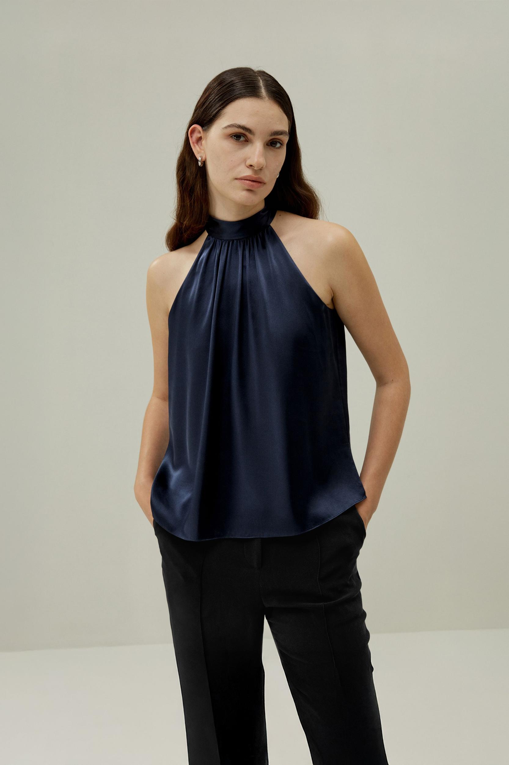 LILYSILK Silk Halter Neck Top - Womens - Navy Blue Natural Silk - Polished Sleeveless Blouse M Product Image