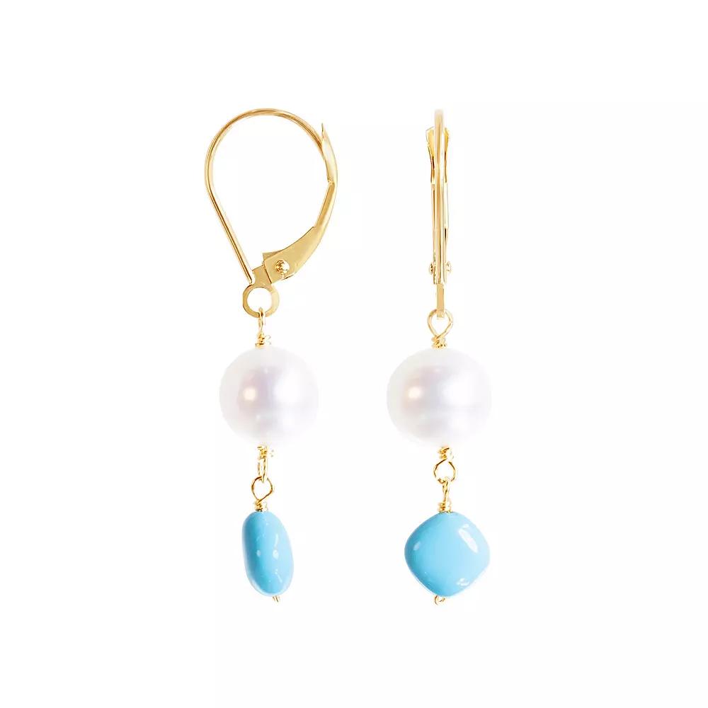 Jewelmak 14k Gold White Freshwater Cultured Pearl & Turquoise Dangle Earrings, Women's Product Image