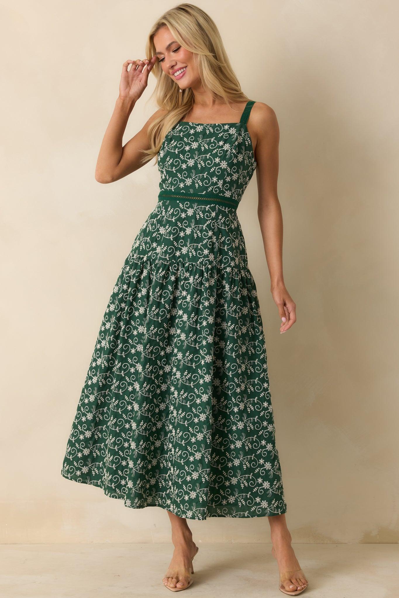 On My Side Hunter Green Floral Embroidered Eyelet Maxi Dress L / Hunter Green Product Image