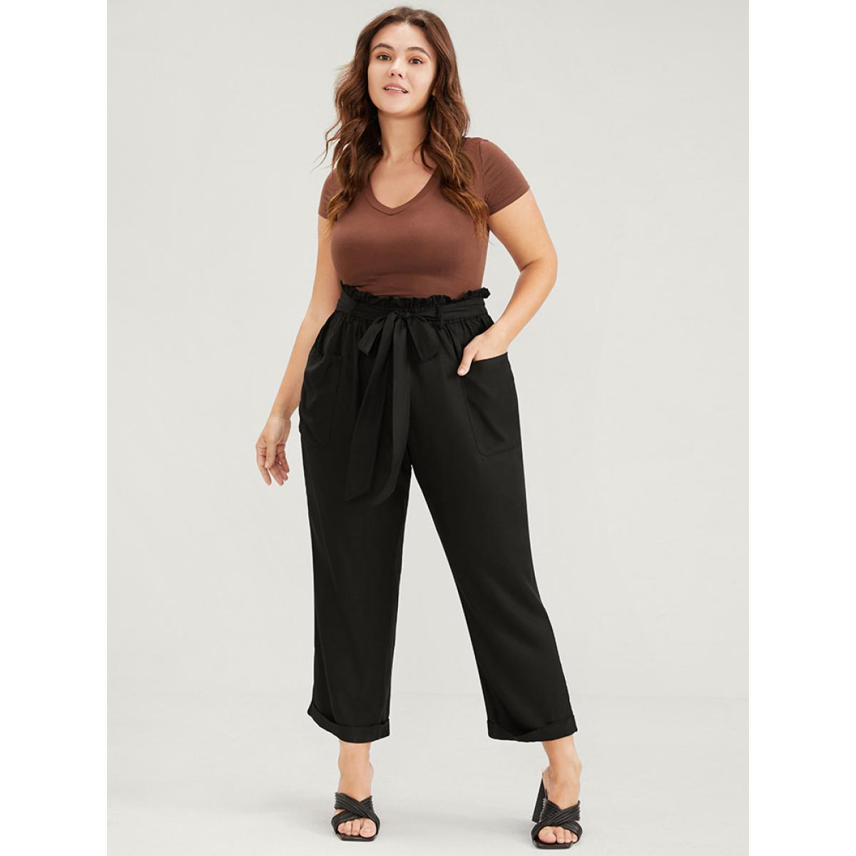 Plus Size Solid Pocket Front Paperbag Waist Belted Pants Women Black Casual High Rise Dailywear Pants BloomChic 10/M Product Image