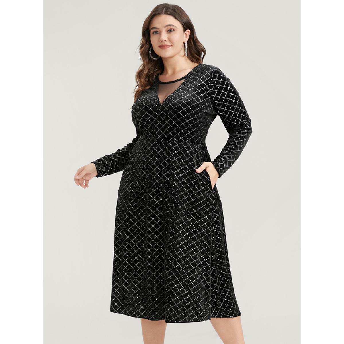 Plus Size Plaid Glitter Mesh Insert Pocket Velvet Dress Black Women Party Velvet Round Neck Long Sleeve Curvy Midi Dress BloomChic 30/6X Product Image