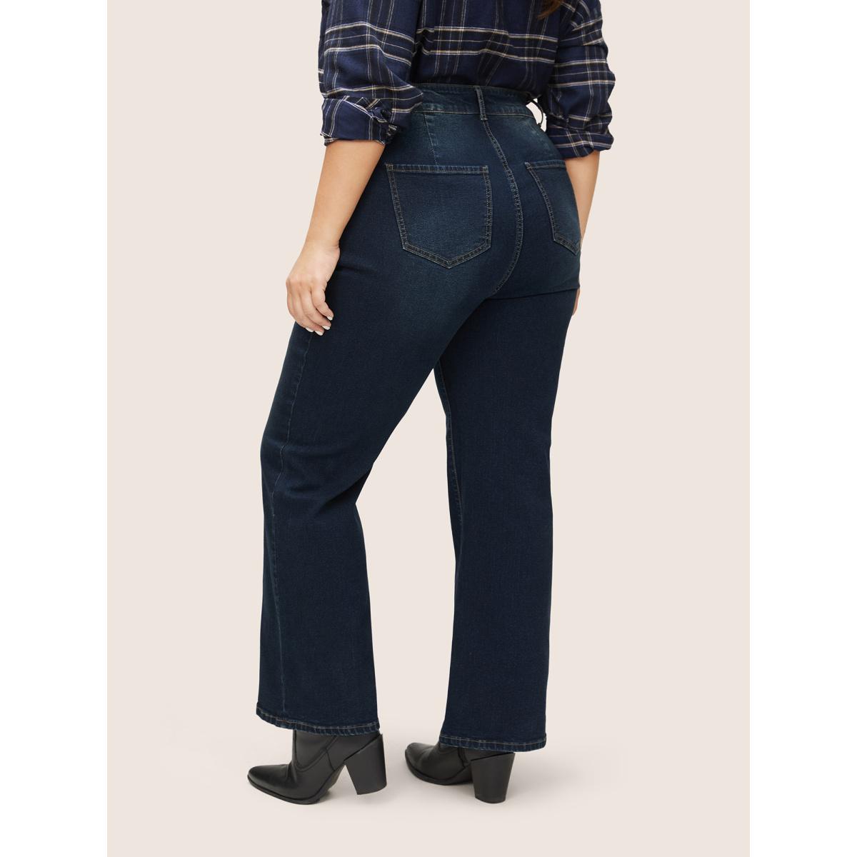 Plus Size Straight Leg Dark Wash Zipper Fly Jeans Women Indigo Casual Plain Contrast High stretch Pocket Jeans BloomChic 18/2X Product Image