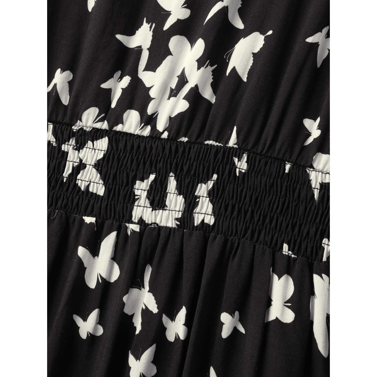 Plus Size Rayon Monochrome Butterfly Stretchy Midi Dress BlackFlower Women Timeless Boat Neck Cap Sleeve Curvy BloomChic 22-24/3X Product Image