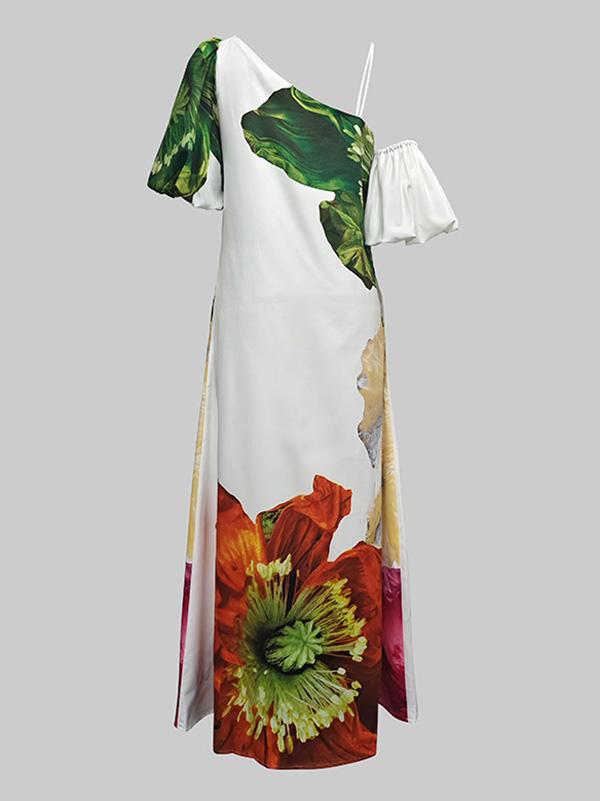 A-Line Loose Elasticity Flower Print One-Shoulder Maxi Dresses Product Image
