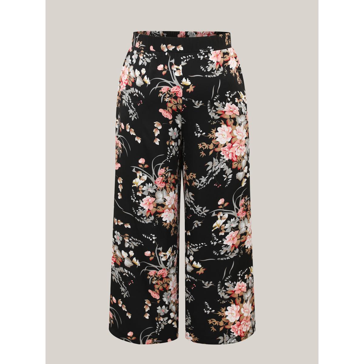Plus Size Floral Print Pockets Wide-Leg Pants Women BlackFlower Romantic Wide Leg Mid Rise Elegant Pants BloomChic 30/6X Product Image