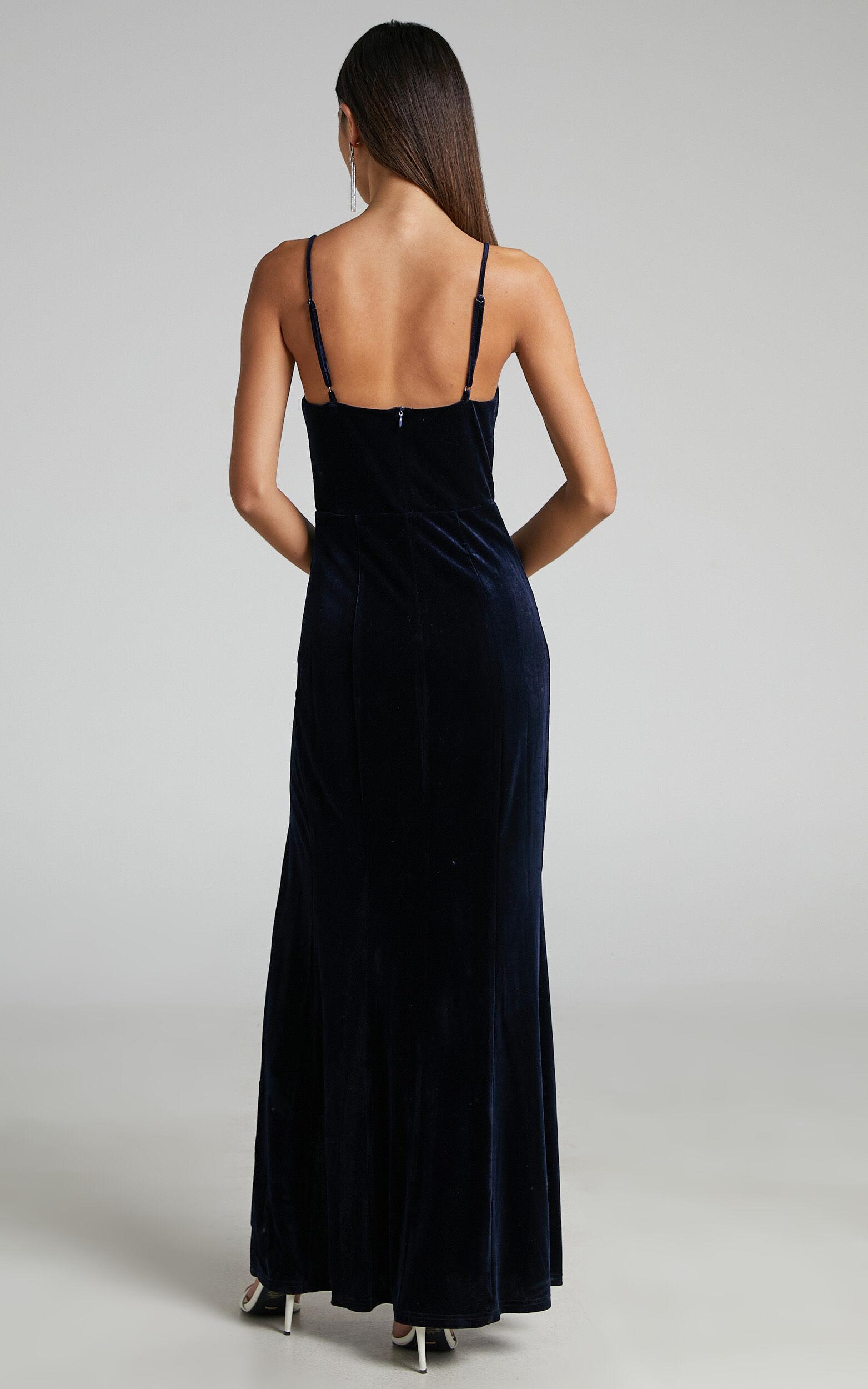 Diamona Midi Dress - Velvet Thigh Split V Neck Dress in Navy Product Image