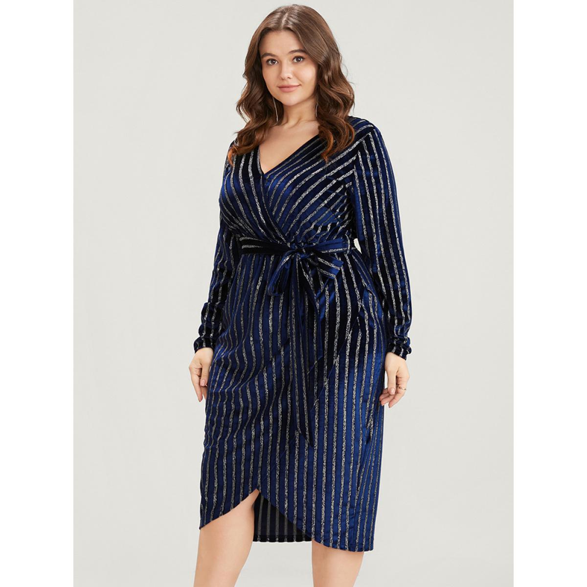 Plus Size Glitter Striped Wrap Belted Velvet Midi Dress Indigo Women Party Velvet V-neck Long Sleeve Curvy Midi Dress BloomChic 14-16/1X Product Image