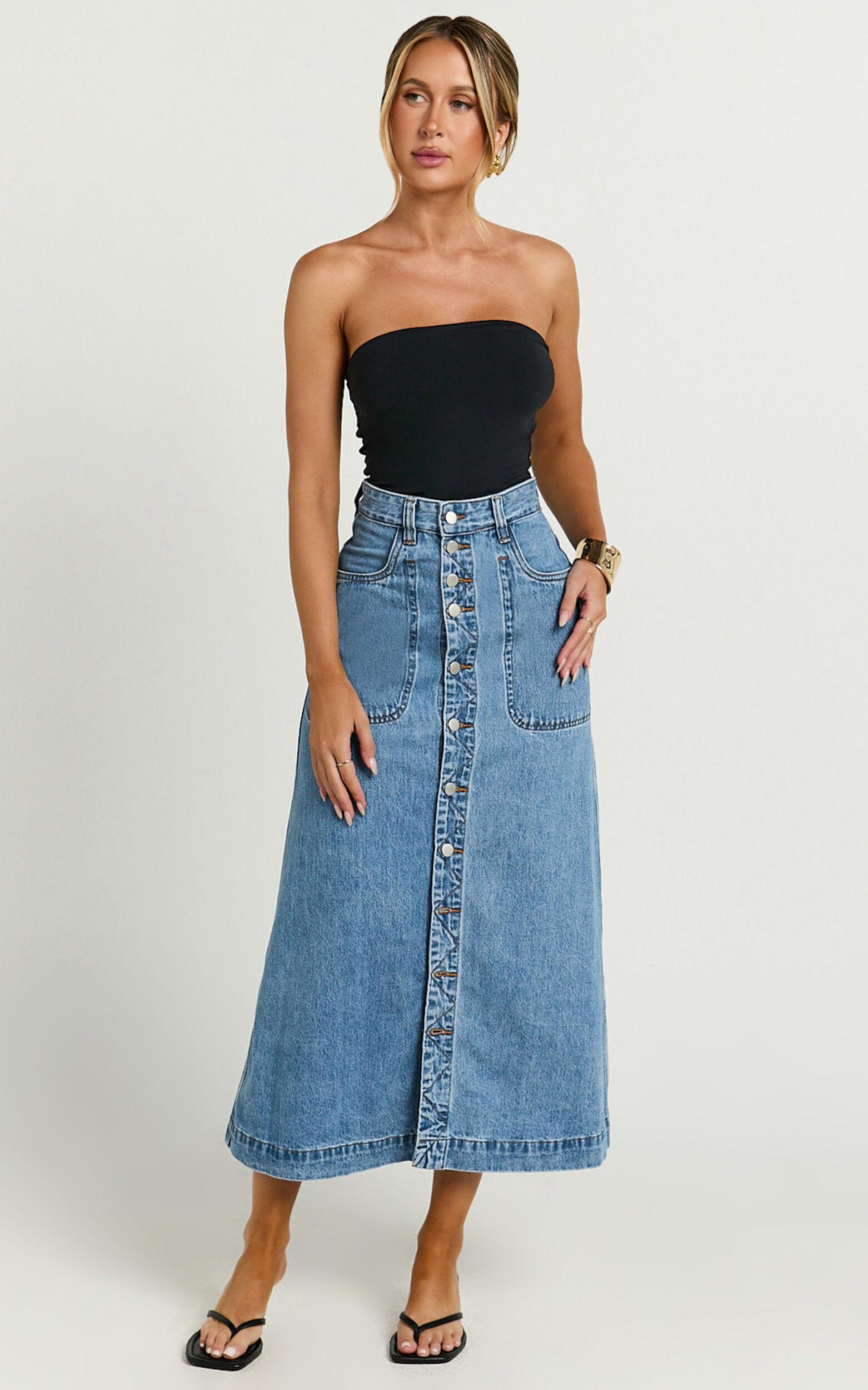 Alisa Midi Skirt - Button Through A Line Denim in Mid Blue Wash Product Image