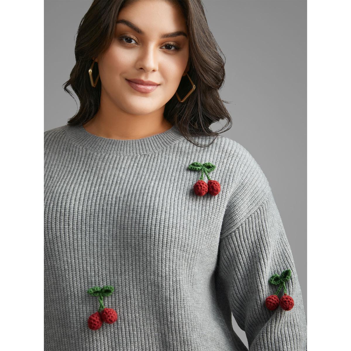 Plus Size Supersoft Essentials Stereo Cherry Design Pullover Mediumgray Women Casual Loose Long Sleeve Round Neck Everyday Pullovers BloomChic 28/5X Product Image