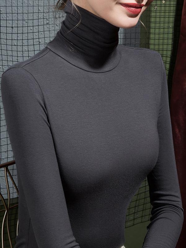 Long Sleeves Plus Size Solid Color Split-Joint High Neck T-Shirts Product Image