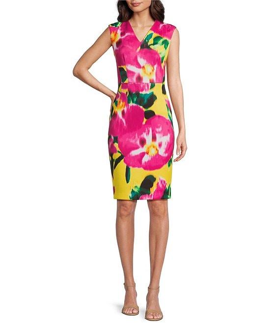 Calvin Klein V-Neck Daffodil Scuba Sheath Dress Product Image