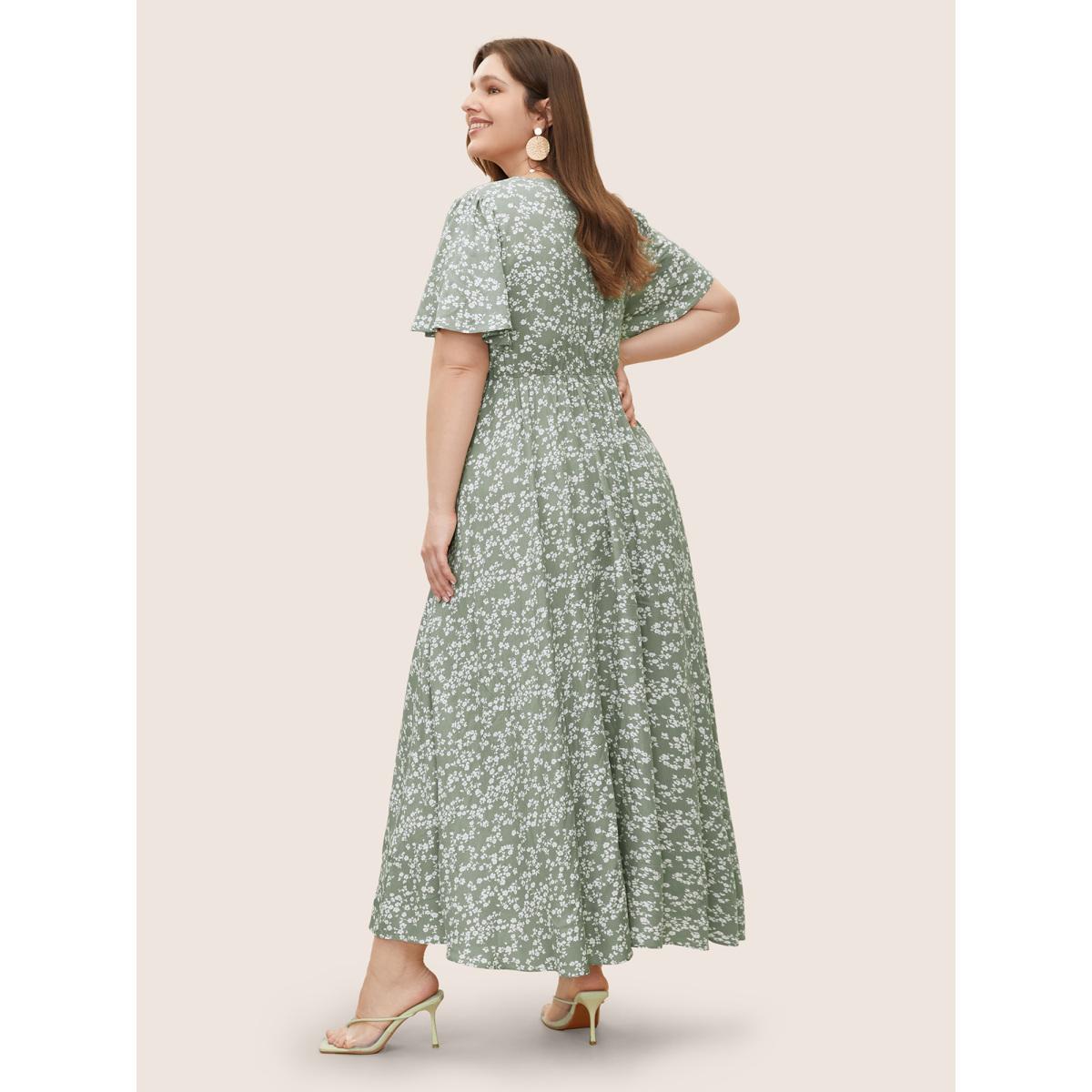 Plus Size Bloom Dress - Flutter Sleeve Ditsy Floral Pocket Split Maxi Dress Palemauve Women Romantic Slit V-neck Half Sleeve Curvy Long Dress BloomChic 14-16/1X Product Image