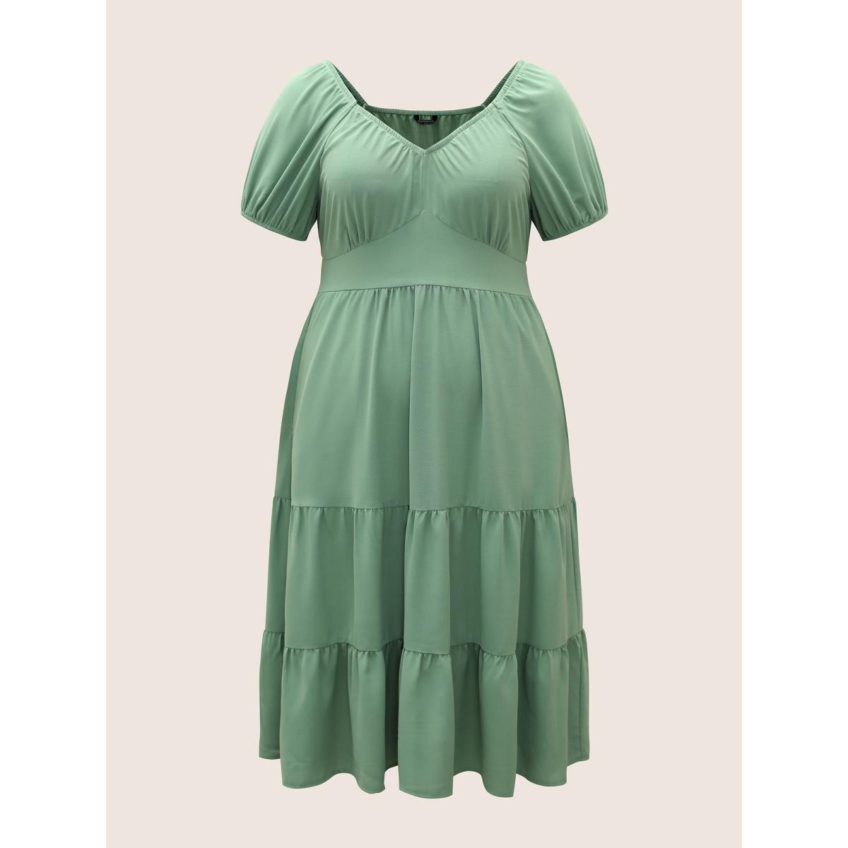 Plus Size Solid Gathered Lantern Sleeve Ruffle Layered Hem Dress Mint Women Elegant Non V-neck Short sleeve Curvy Midi Dress BloomChic 14-16/1X Product Image