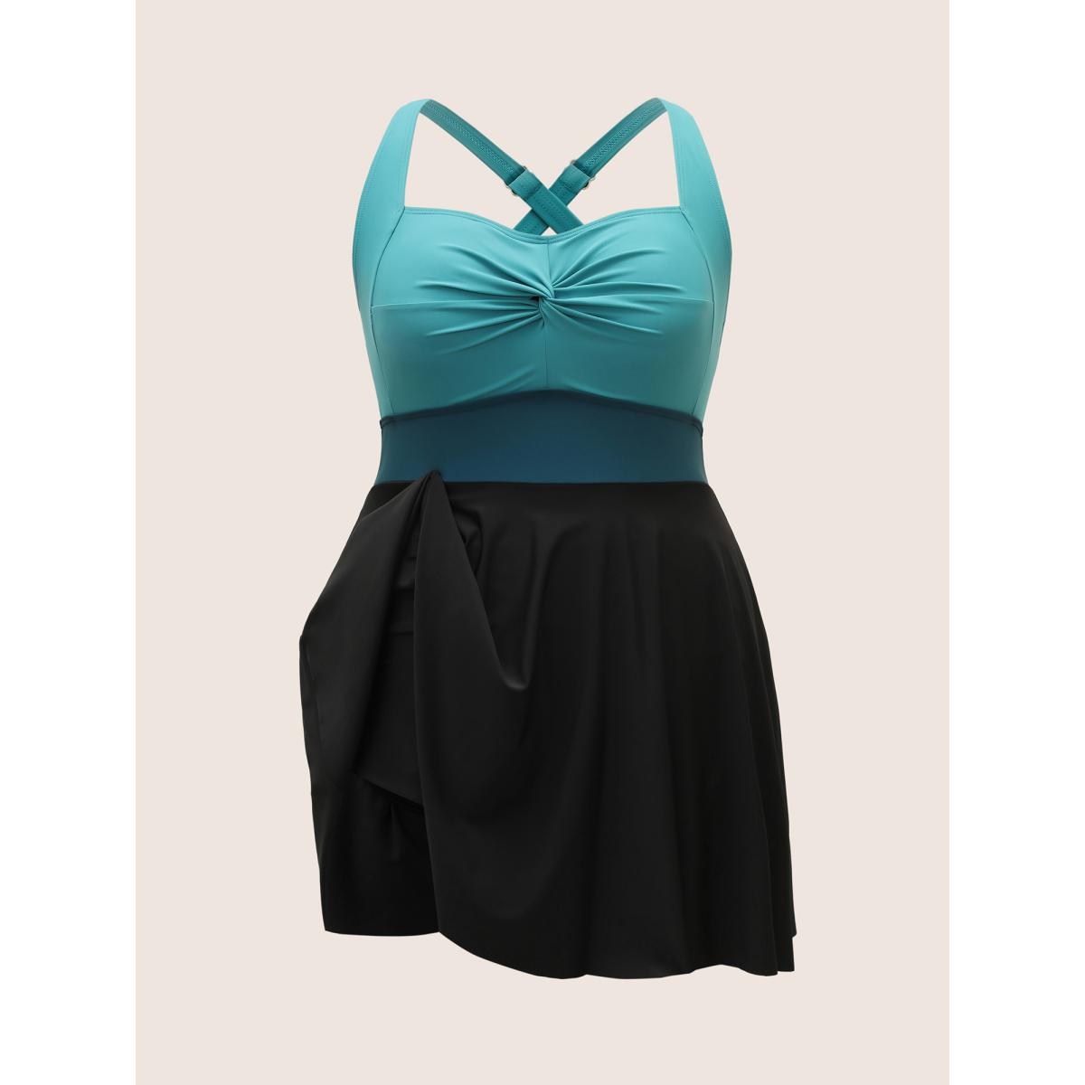 Plus Size Crossover Patchwork Heart Neckline Swim Dress Women's Swimwear Teal Beach Bodycon Heart neckline High stretch Curve Swim Dresses BloomChic 26/4X Product Image