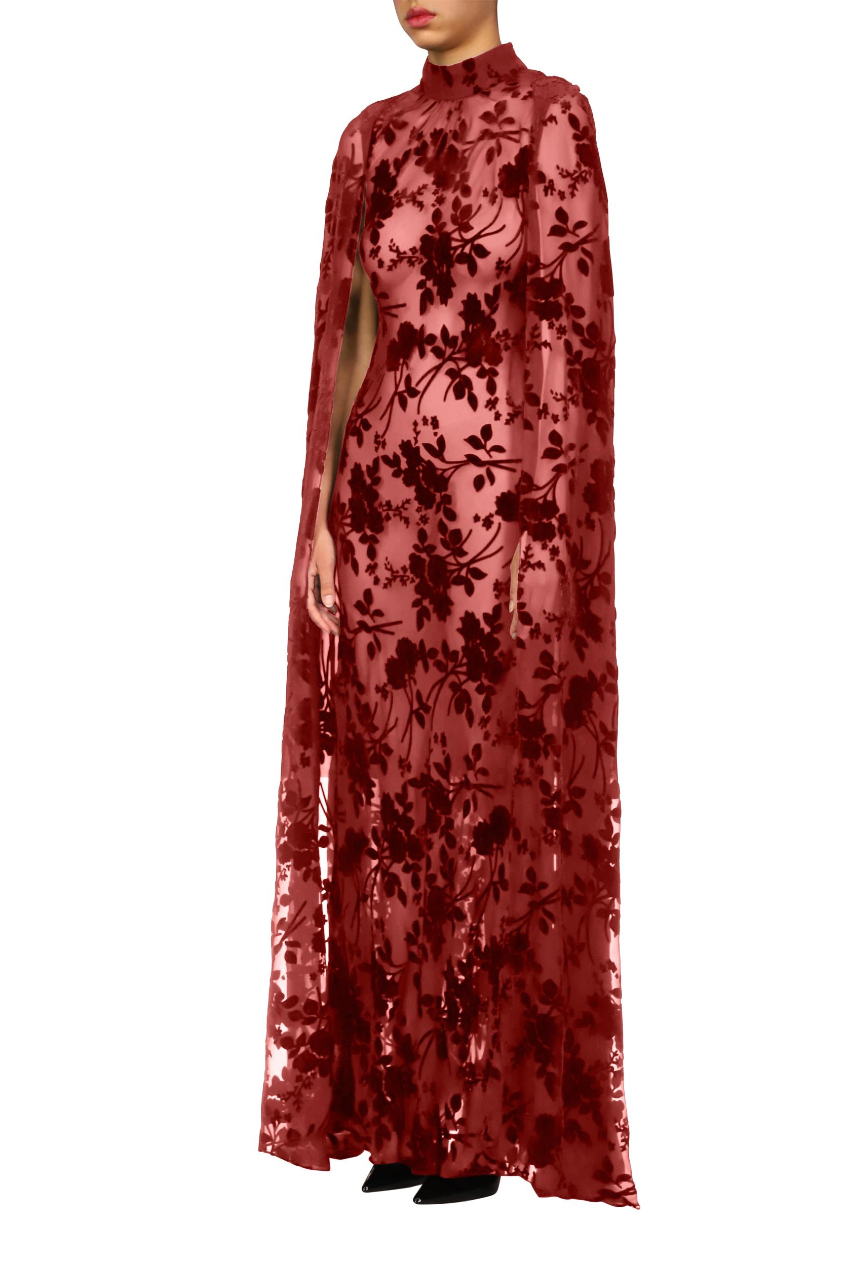 Burgundy Burnout Velvet Cape Gown Product Image