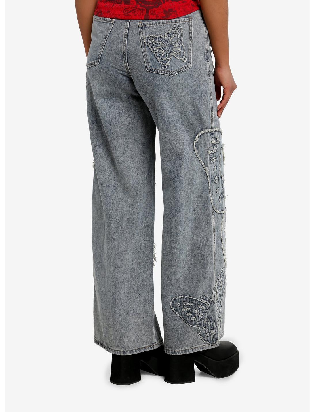 Light Wash Frayed Butterfly Wide Leg Denim Pants Product Image