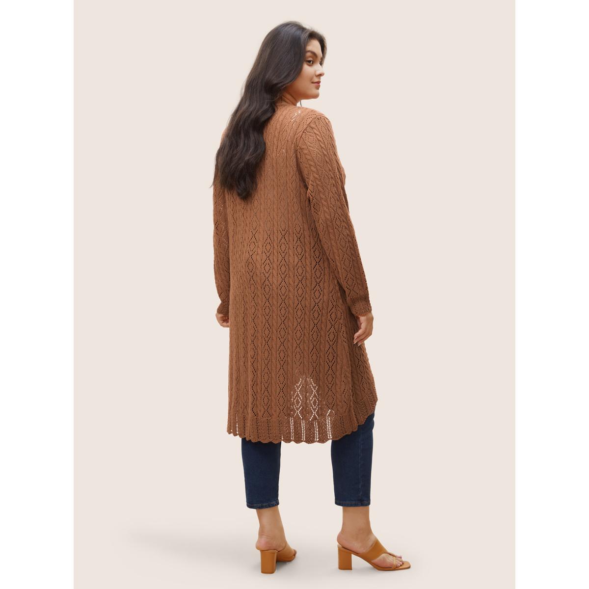 Plus Size Plain Ties Arc Hem Hollow Out Cardigan Chocolate Women Elegant Long Sleeve Everyday Cardigans BloomChic 12/L Product Image