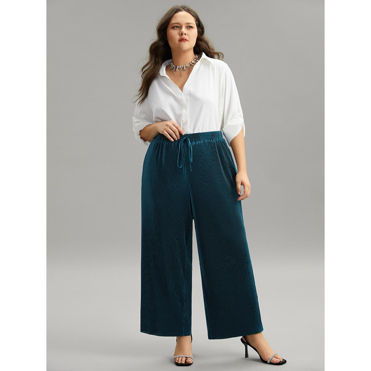Plus Size Solid Ties Plested Straight Leg Pants Women Cyan Office Wide Leg High Rise Dailywear Pants BloomChic 22-24/3X Product Image