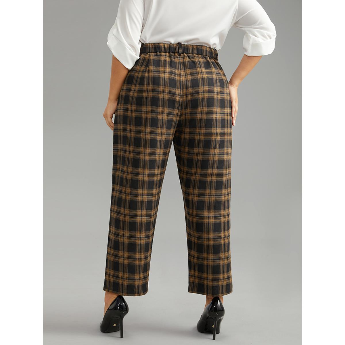 Plus Size Plaid High Rise Pocket Elastic Waist Pants Women Black Office Straight Leg High Rise Work Pants BloomChic 12/L Product Image