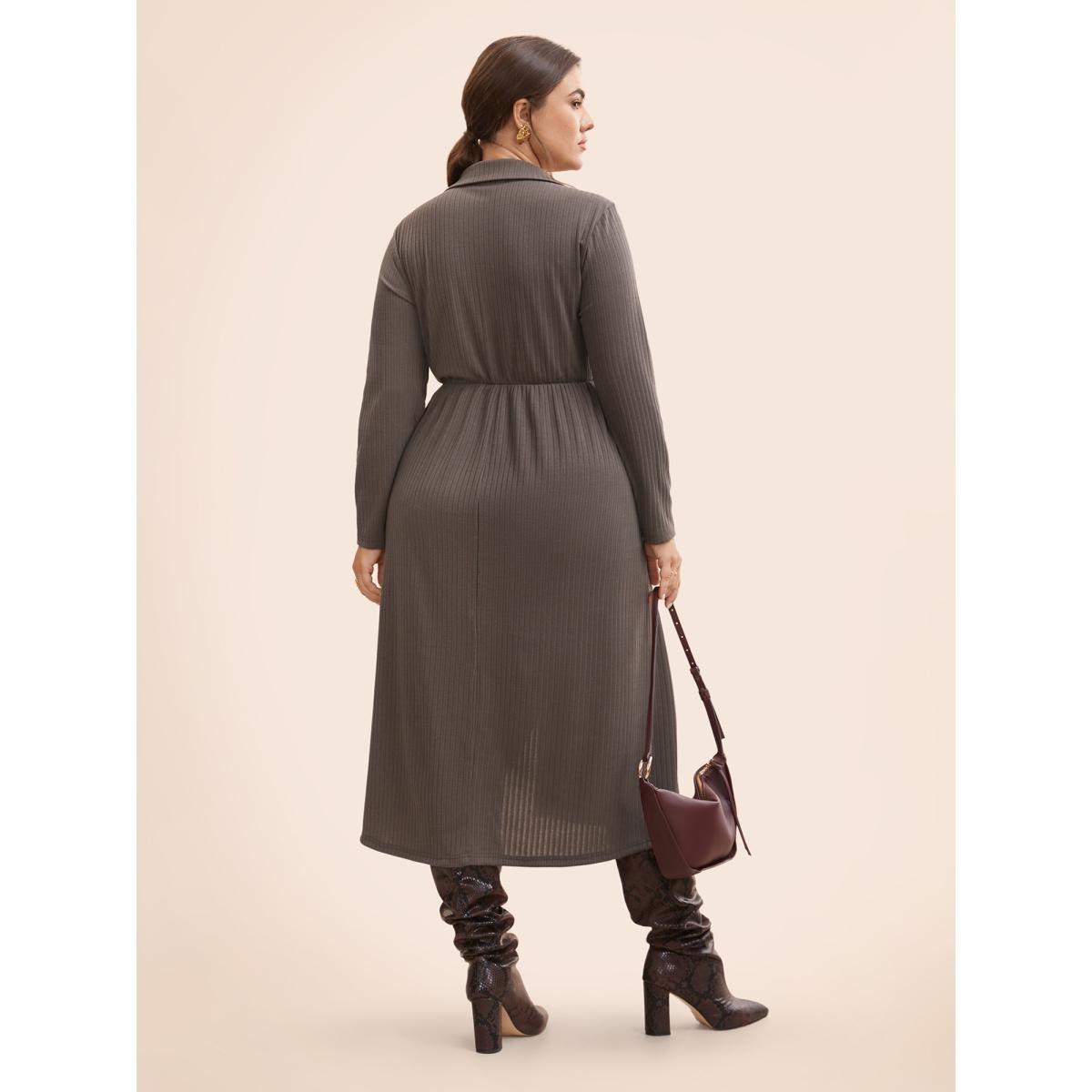 Plus Size Knitted Stretch Woven Wrap Midi Dress DimGray Women At the Office Texture Shirt collar Long Sleeve Curvy BloomChic 18-20/2X Product Image