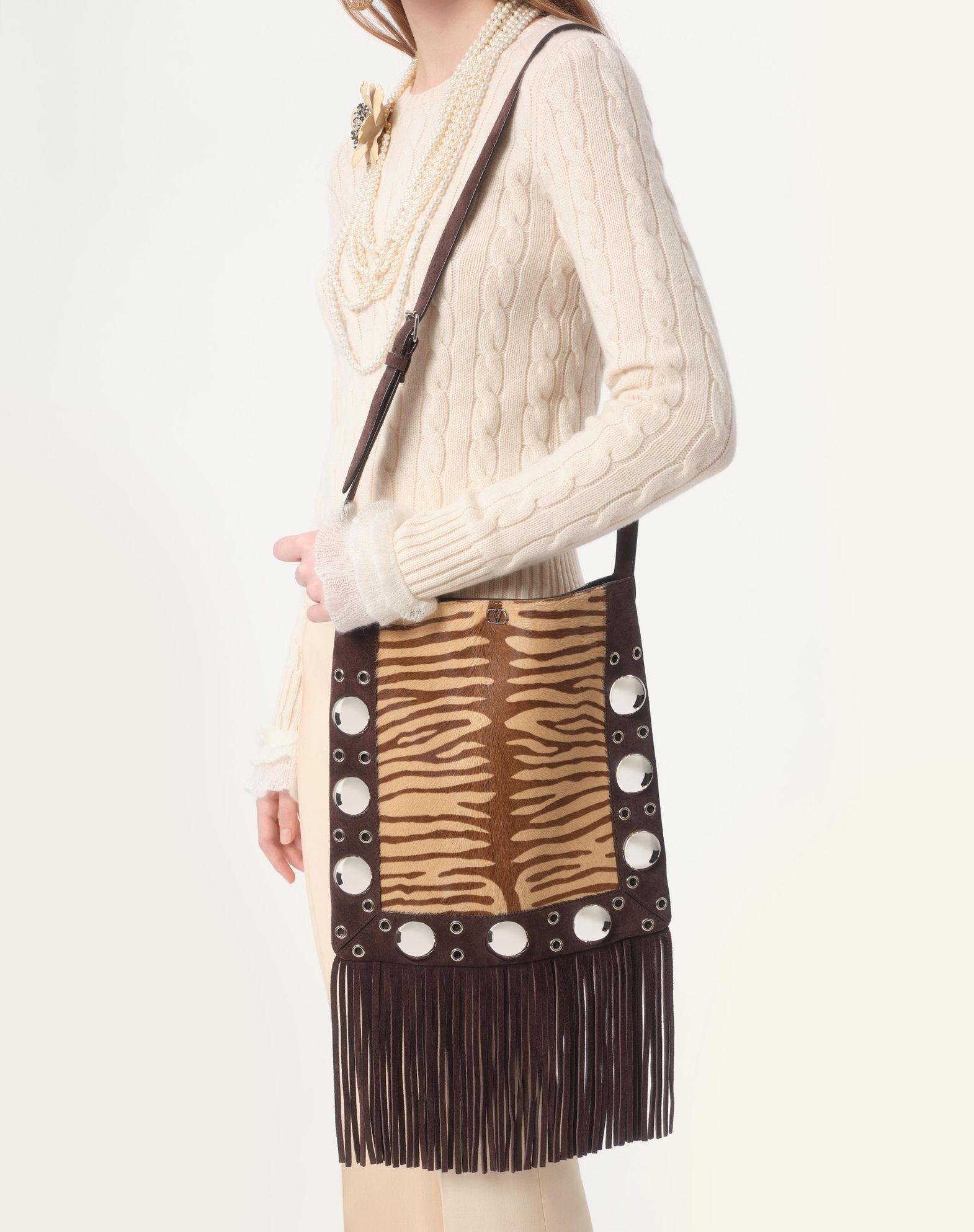 Valentino Garavani Nellcôte Shoulder Bag In Animalier Pony-Effect Calfskin With Fringes Product Image