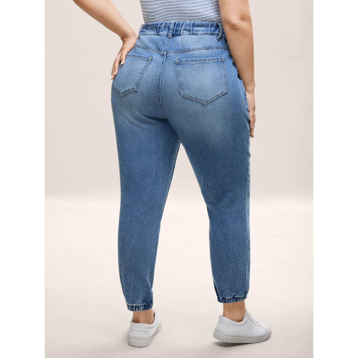 Plus Size Drawstring Waist Jogger Boyfriend Jeans Women Midblue Leisure Medium stretch Slanted pocket Jeans BloomChic 28/5X Product Image