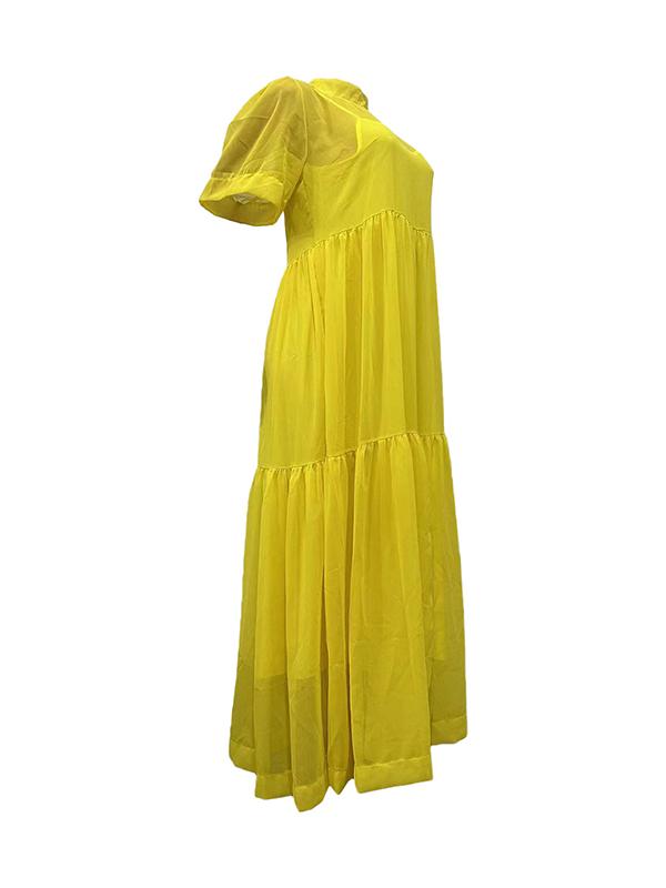 Loose Plus Size Solid Color Split-Joint Inner Dress + Mesh Pleated Mock Neck Outer Dress Two Pieces Set Product Image